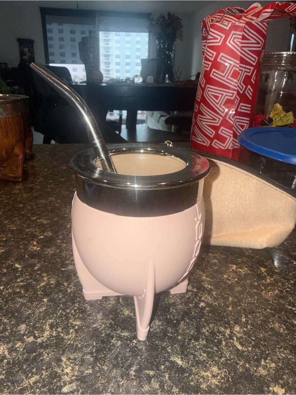 Matte Blush Pink Mate Cup with Metal Rim and Straw (bombilla)- Unbranded